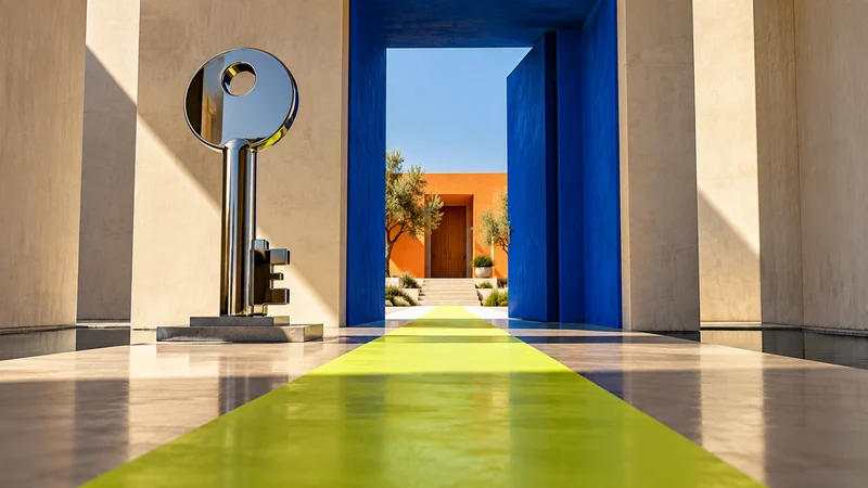 A monumental key beside an open blue doorway leading home